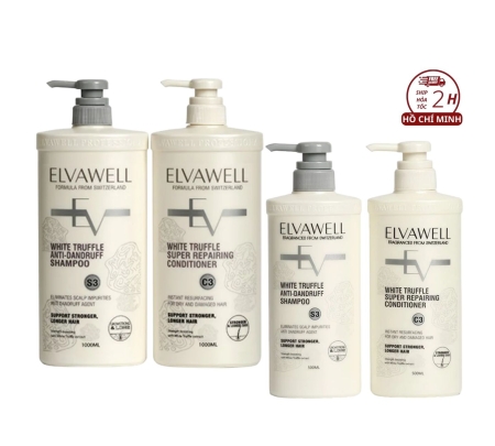 Dầu gội dầu xả Elvawell White Truffle 500ml & 1000ml Màu trắng. Dầu gội xả nấm truflle Elvawell giảm gàu siêu suôn mượt 