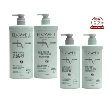 Dầu gội dầu xả Elvawell White Truffle 500ml & 1000ml Màu xanh. Dầu gội xả nấm truflle Elvawell giảm dầu siêu suôn mượt 