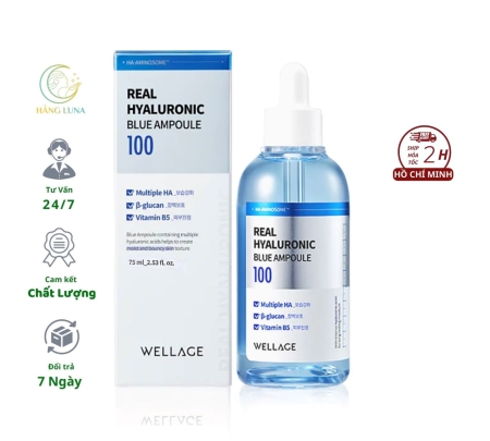 Tinh chất Wellage Real Hyaluronic Blue Ampoule 100 Chai 75ml Hàn Quốc Hỗ trợ cấp ẩm làm dịu da mặt