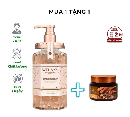 Sữa tắm Weilaiya cánh hoa hồng Damask 450ml tặng 1 hủ tẩy tế bào chết QUẾ HỒI 