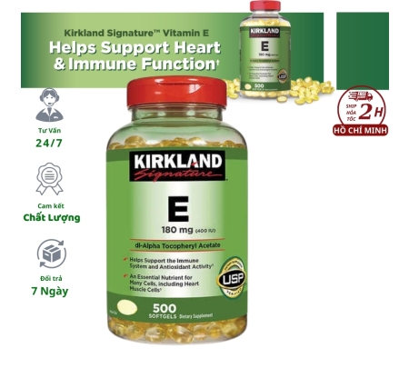 Viên uống bổ sung Vitamin E 400 I.U Kirkland 500 Viên Của Mỹ - Làm đẹp da, ngăn ngừa lão hóa từ bên trong