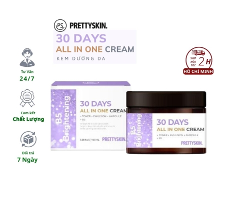 Kem dưỡng Prettyskin B5 Brightening 30 Days All In One Cream 100ml Hàn Quốc, dưỡng trắng, cấp ẩm, phục hồi làm điều màu da